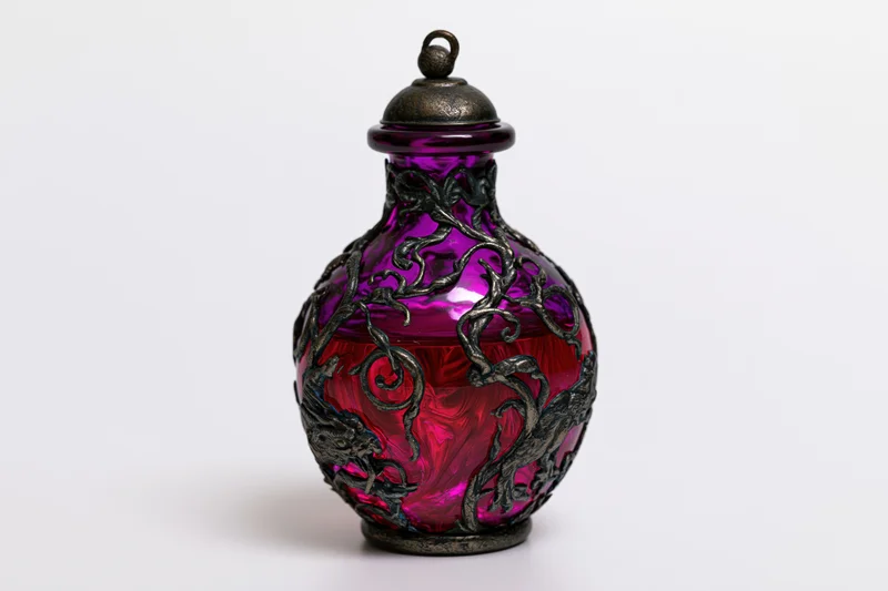 Ornate glass bottle with metal filigree and dragon motifs on white background