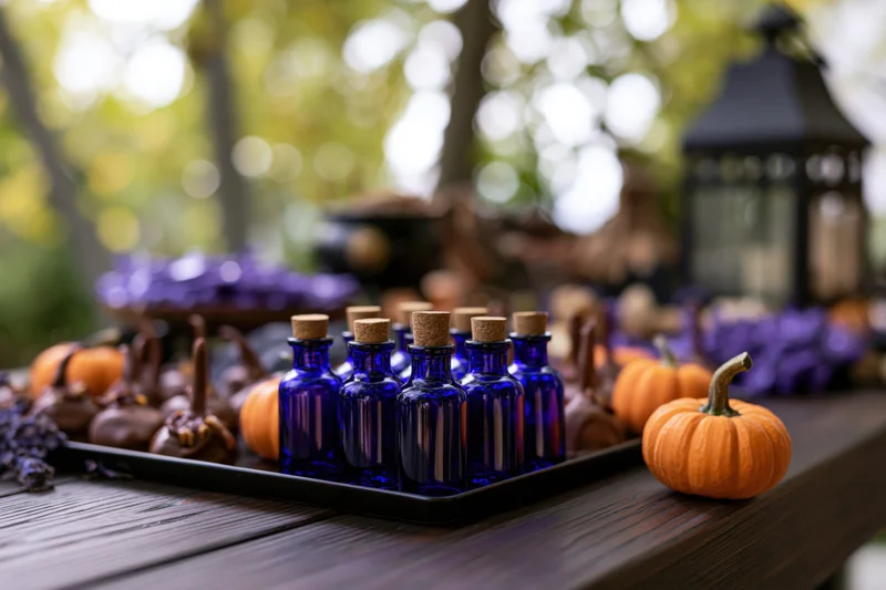 Halloween dessert table with blue bottles and pumpkins on dark wooden surface outdoors