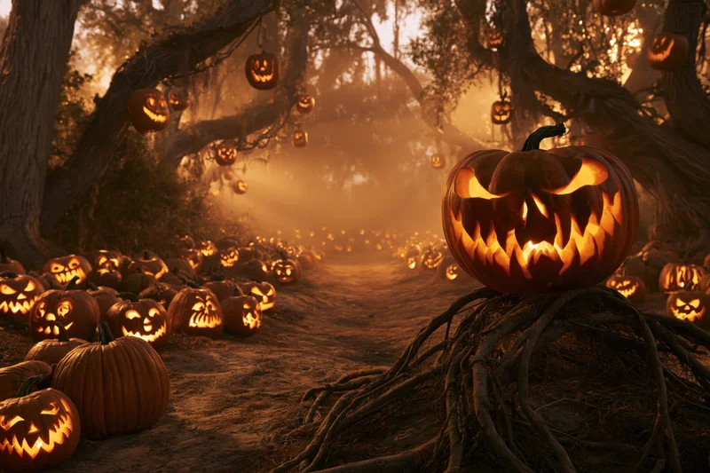 Glowing jack-o-lanterns lining a forest path at twilight