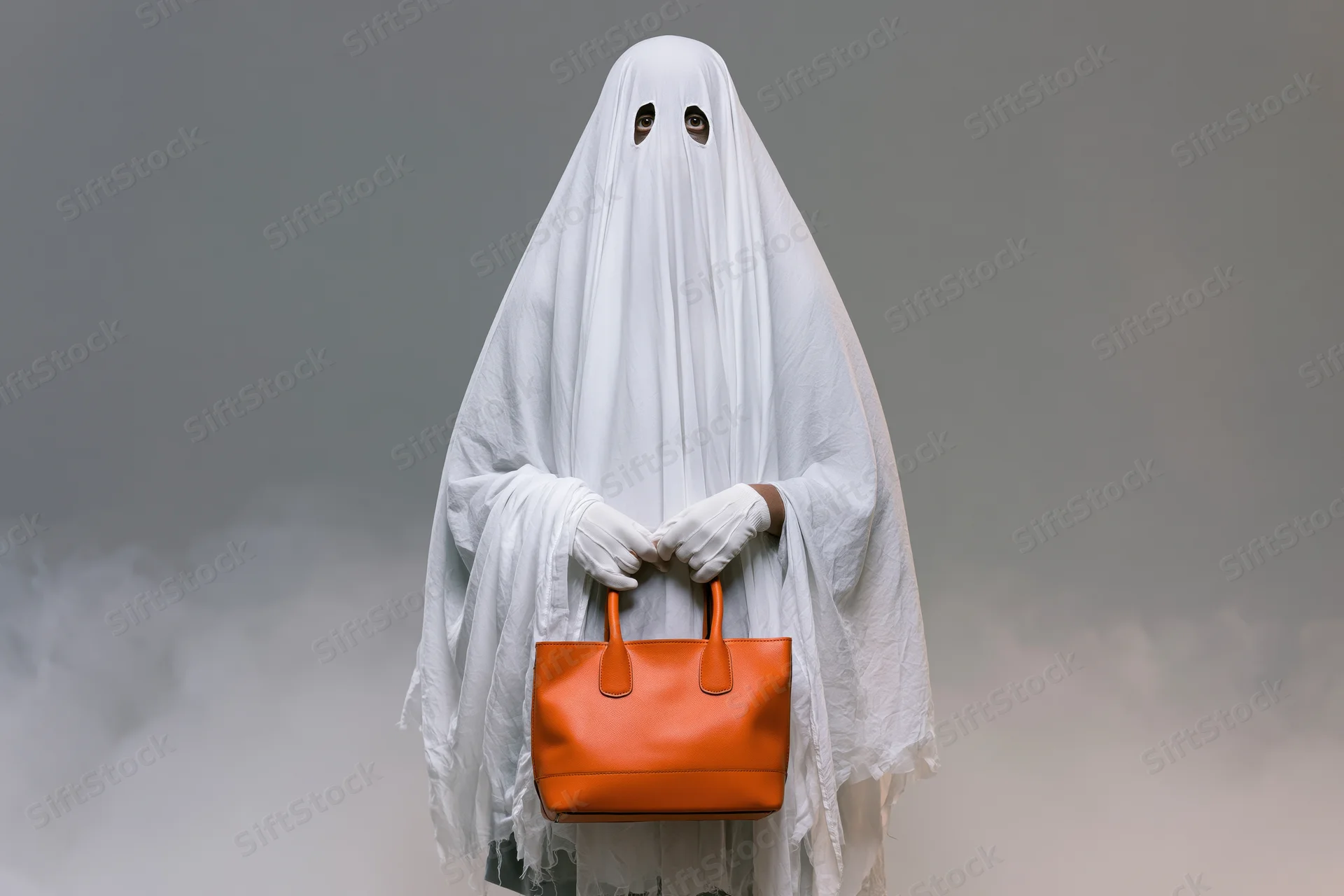 Ghost in white sheet costume holding orange handbag in foggy studio