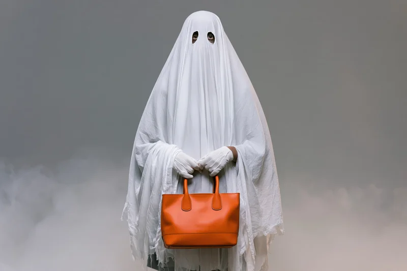 Ghost in white sheet costume holding orange handbag in foggy studio