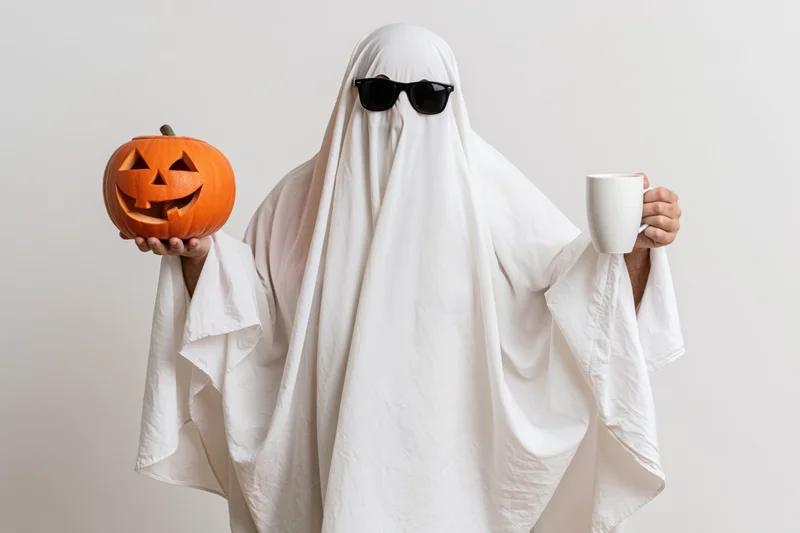 Person dressed as ghost holding carved pumpkin and mug in studio setting