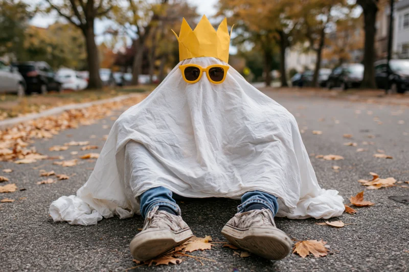 Child in ghost costume with crown and sunglasses sitting on park path in autumn