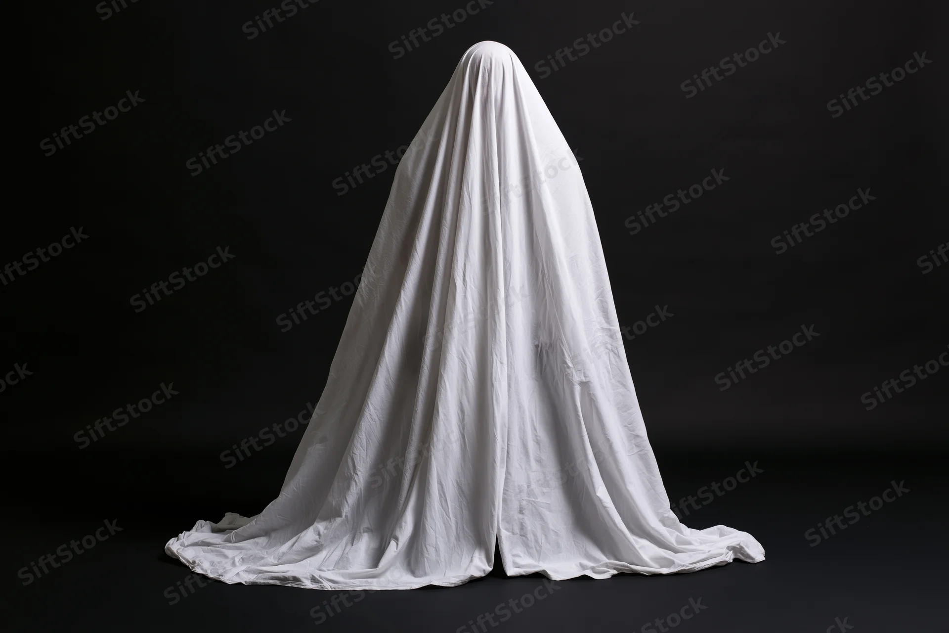 Ghost figure draped in white sheet against black background