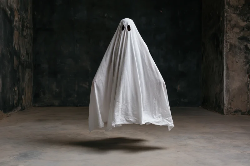 Ghost in white sheet costume floating in dark room