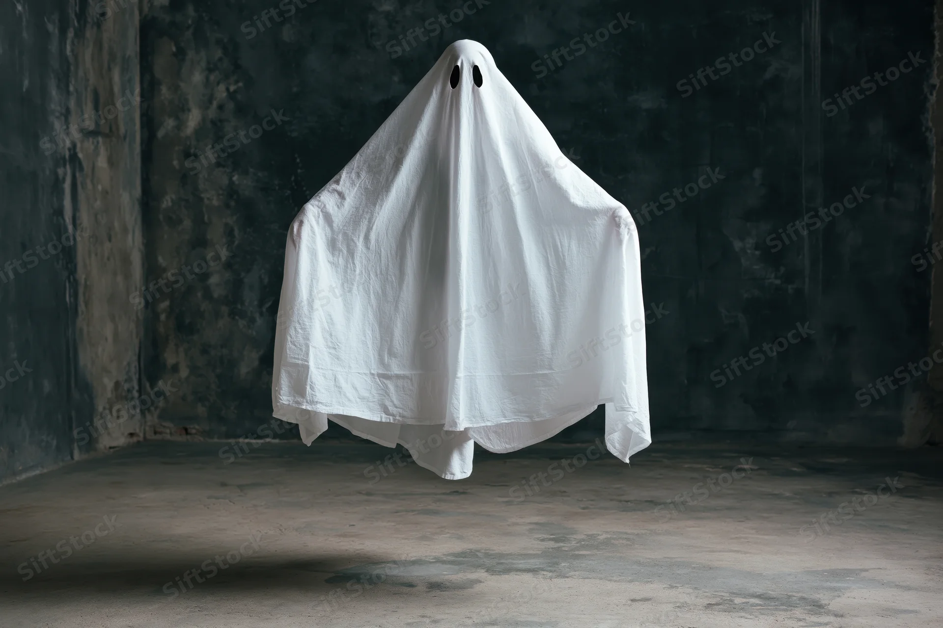 Ghost in white sheet costume floating in dark concrete room