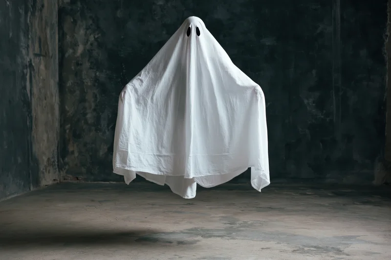 Ghost in white sheet costume floating in dark concrete room