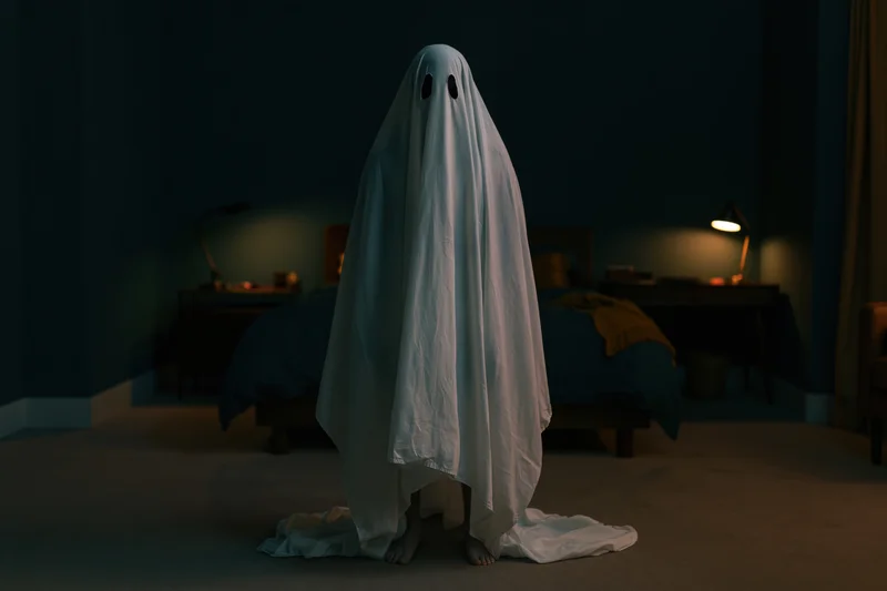 Person in white sheet ghost costume standing in dark bedroom at night