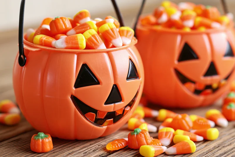 Two orange plastic jack-o-lantern buckets filled with candy corn on a wooden surface