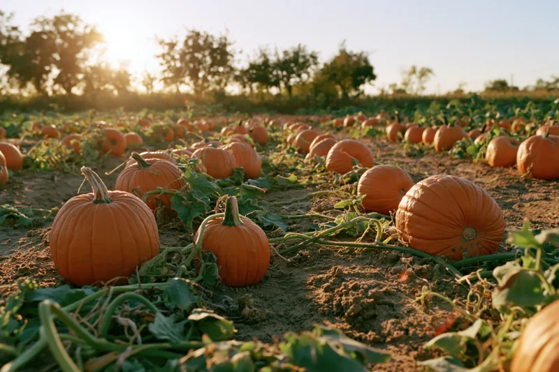 Ripe pumpkins growing in rows across a farm field at sunset