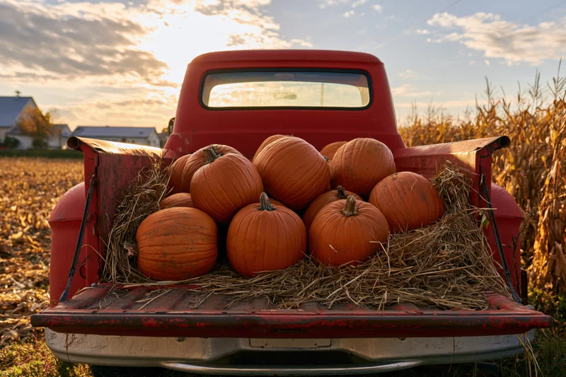 Red vintage pickup truck loaded with pumpkins and hay in a cornfield at sunset
