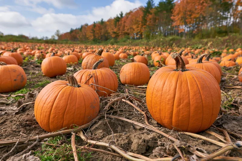 Ripe pumpkins scattered across a harvested field under autumn trees