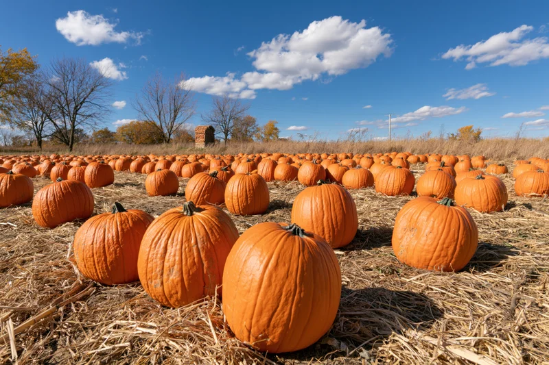 Rows of pumpkins in a harvested field under a blue sky with clouds
