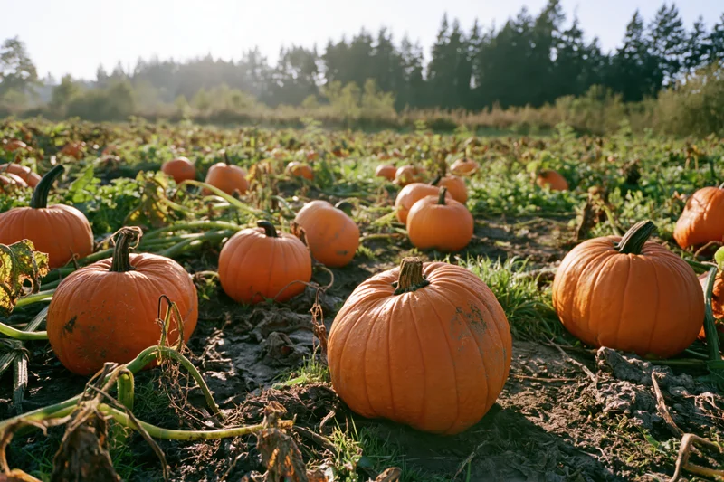 Pumpkins scattered on muddy ground in an open field during autumn harvest