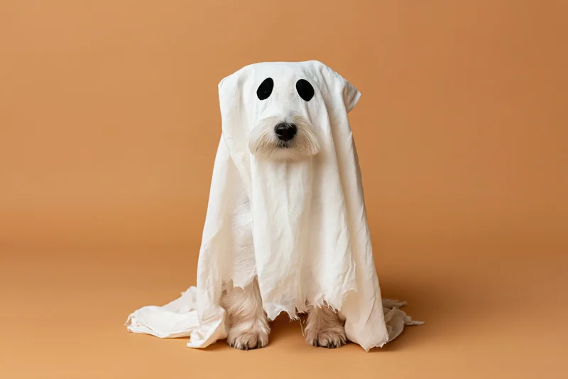 Small dog in white ghost costume sitting against orange background