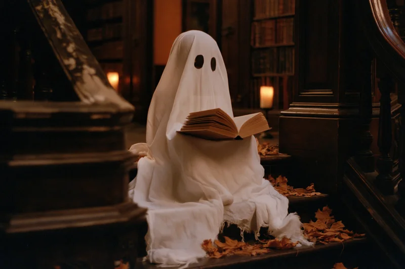 Ghost in white sheet costume reading book on wooden stairs in dimly lit library surrounded by autumn leaves and candles