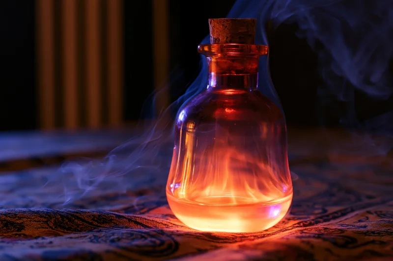 Glowing potion bottle with smoke rising from it on a patterned cloth