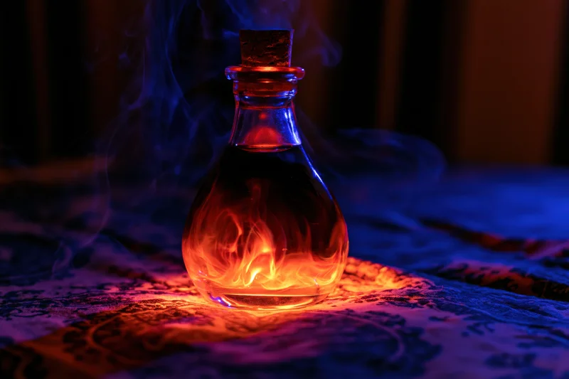 Glowing potion bottle with swirling flame and smoke on patterned cloth