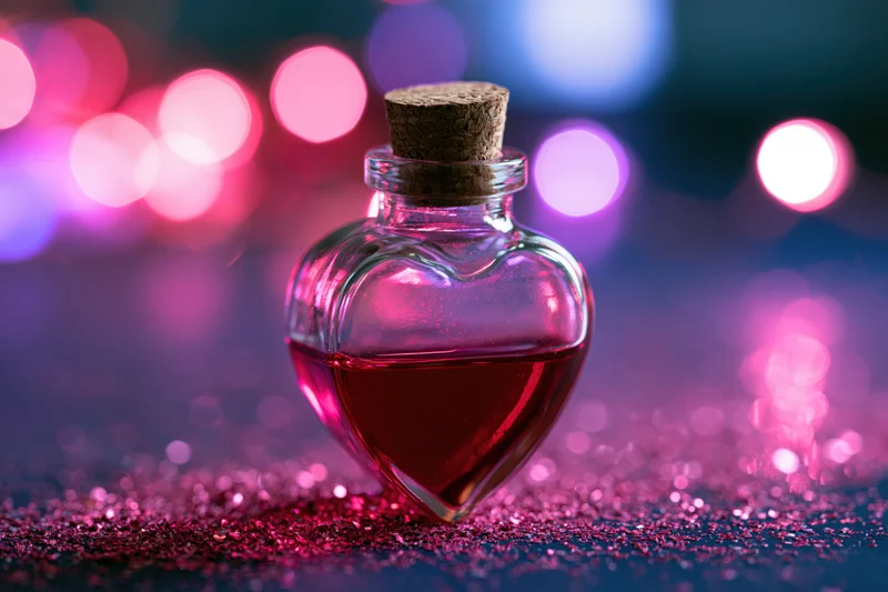 Heart-shaped glass bottle filled with red liquid on glittery surface with bokeh lights in background