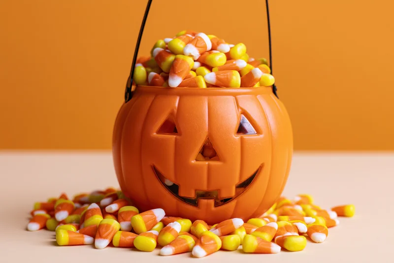 Orange plastic jack-o-lantern bucket filled with candy corn, scattered sweets on beige surface against orange backdrop