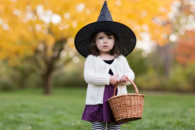 Toddler girl in witch costume holding wicker basket in autumn park