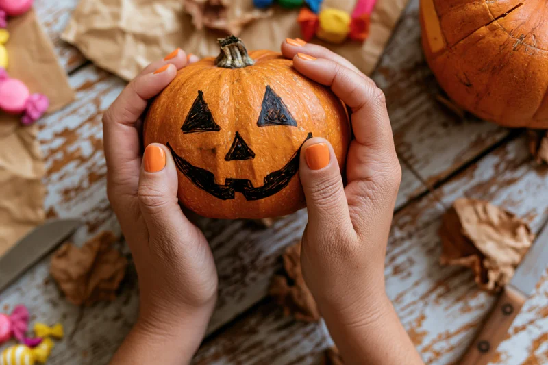 Hands holding a small carved pumpkin with a smiling face on a wooden table surrounded by craft supplies