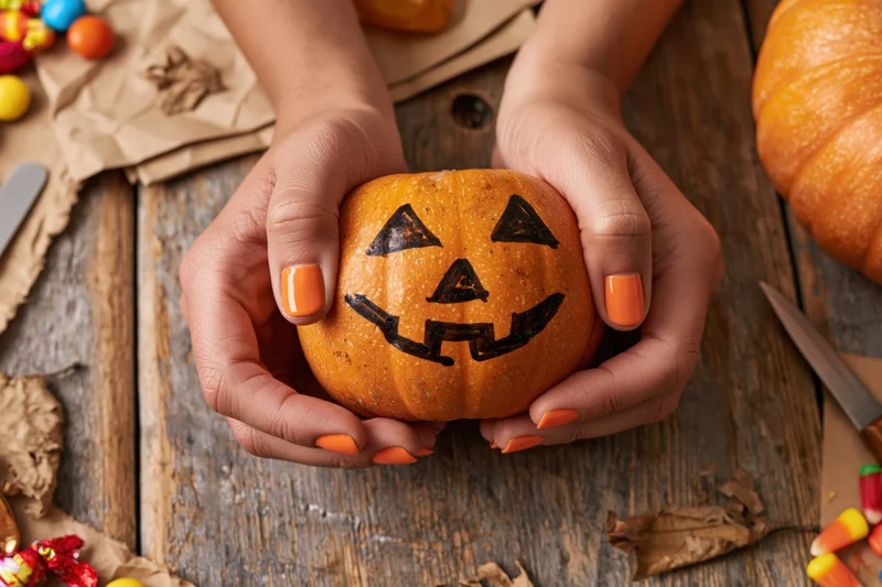 Hands holding a small painted jack-o-lantern on a wooden table surrounded by halloween craft supplies