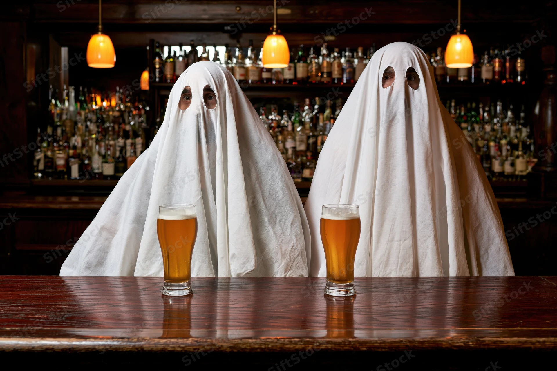 Two people in white sheet ghost costumes sitting at a bar with beers in front of them