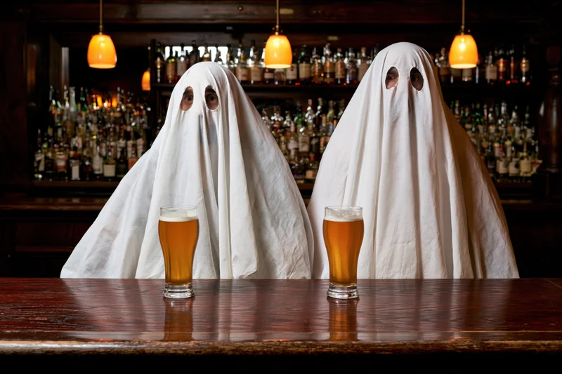 Two people in white sheet ghost costumes sitting at a bar with beers in front of them