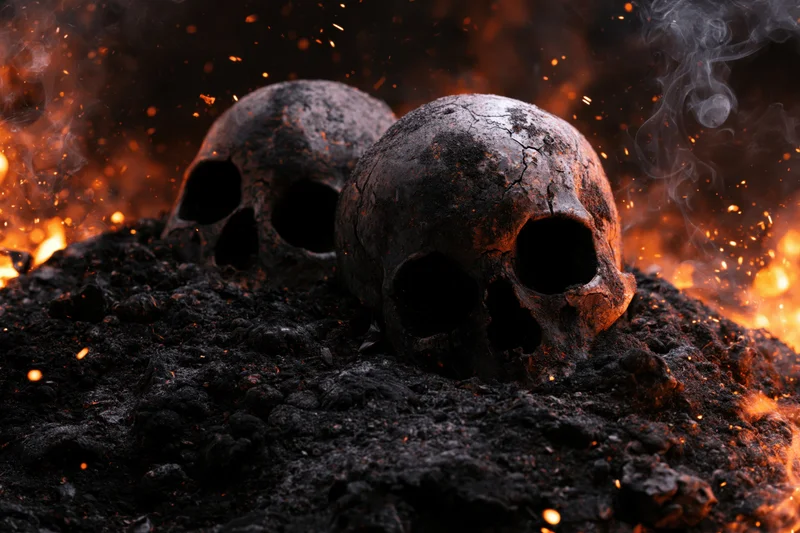 Two stone skulls partially buried in ash and embers surrounded by fire and smoke