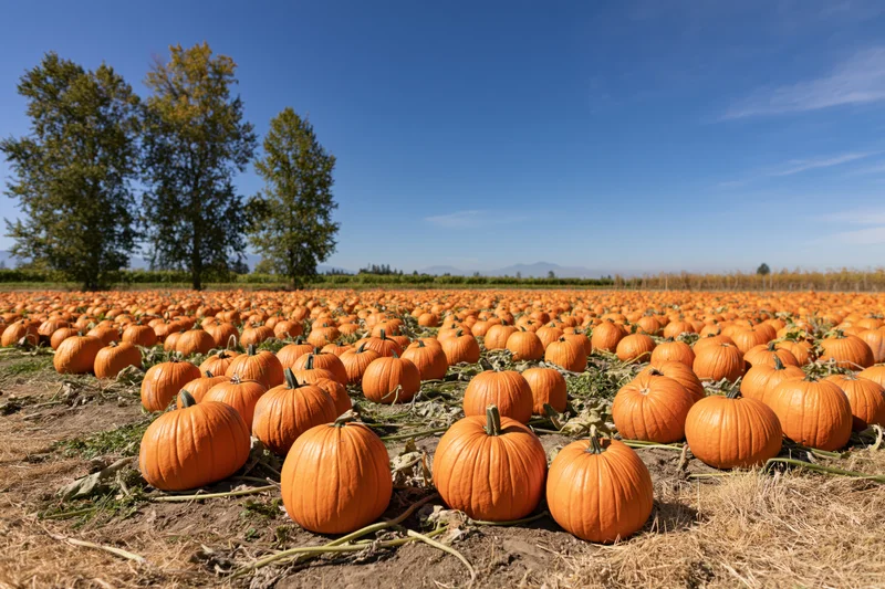 Rows of pumpkins growing in an open field under a clear blue sky