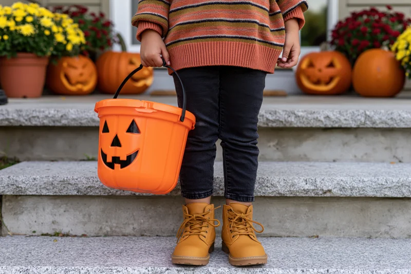 Child holding orange pumpkin bucket on porch steps during halloween celebration