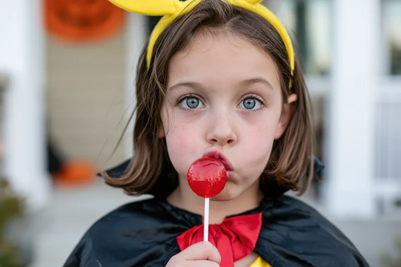 Young girl in halloween costume sucking red lollipop outdoors on porch