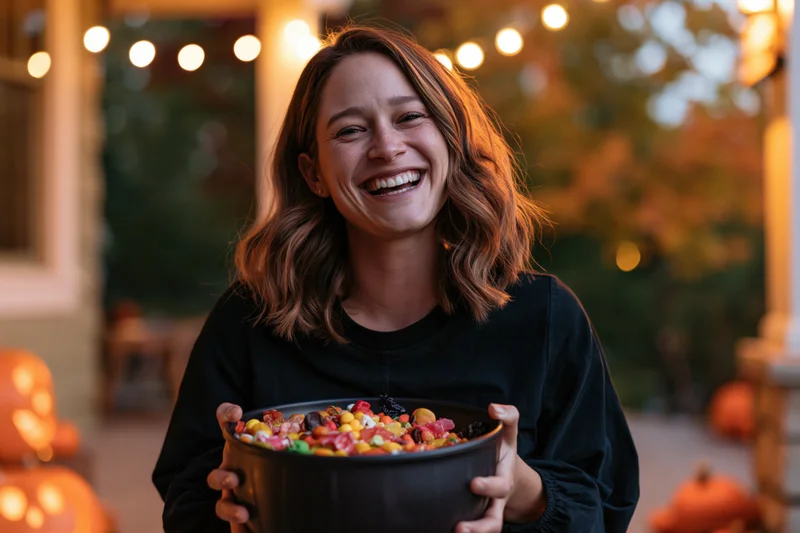 Woman smiling broadly while holding a large bowl of candy on a decorated porch at evening
