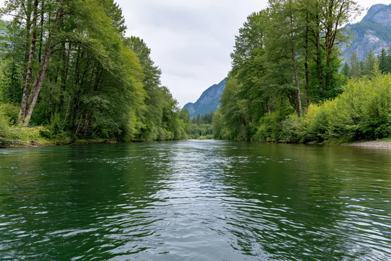 Calm river flowing through dense forest flanked by mountains under overcast sky