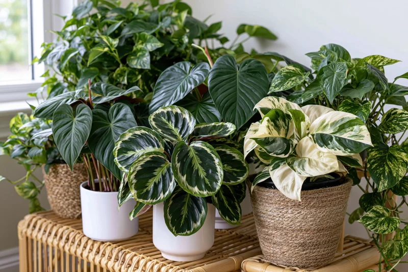 Tropical houseplants arranged densely on a rattan table near a window