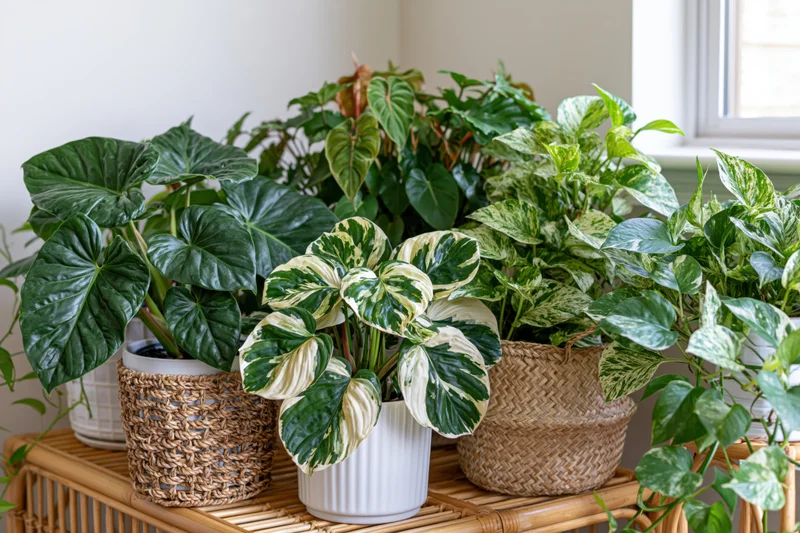 Tropical houseplants arranged on a bamboo shelf near a window