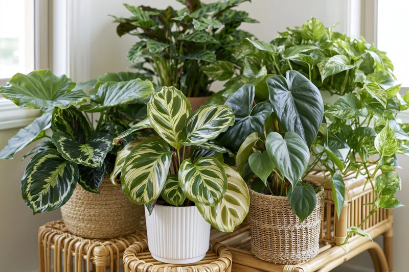 Tropical houseplants arranged on wicker shelves near a window