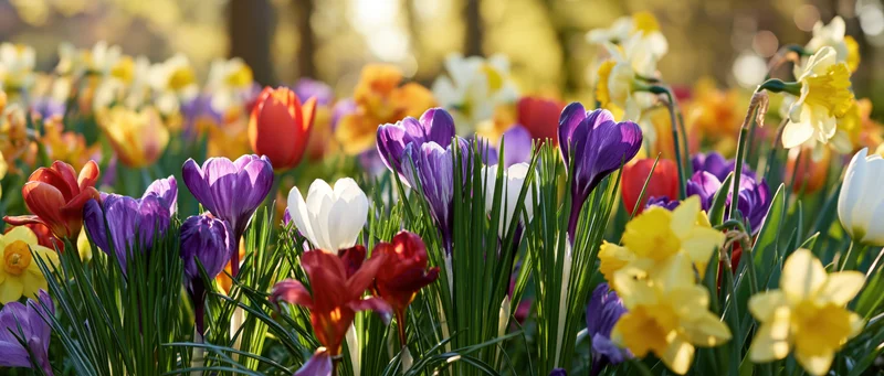 A dense spring flower bed of crocuses, daffodils and tulips in full bloom outdoors
