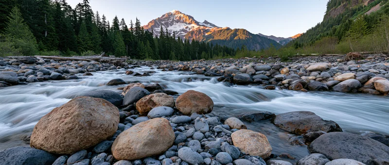 Glacial river flowing over rounded boulders and cobblestone in a forested mountain valley