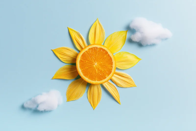 Halved orange slice arranged as a sun with yellow flower petals on blue background with cotton clouds