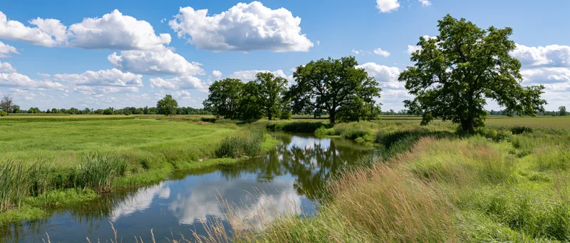 Narrow calm river winding through lush green meadow under blue sky with white clouds