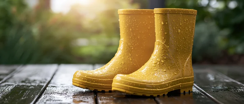 Bright yellow rubber rain boots covered in water droplets on a wet wooden deck outdoors