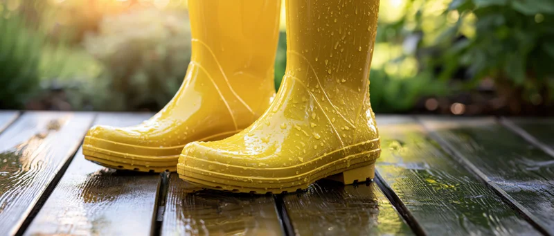 Bright yellow rubber rain boots covered in water droplets standing on a wet wooden deck outdoors