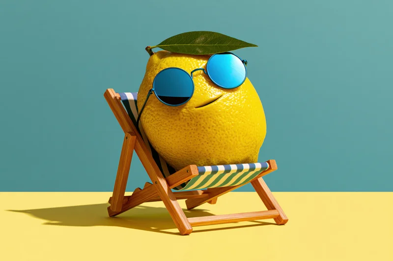 Lemon wearing sunglasses and a leaf hat relaxing in a deckchair on a yellow floor against a blue background