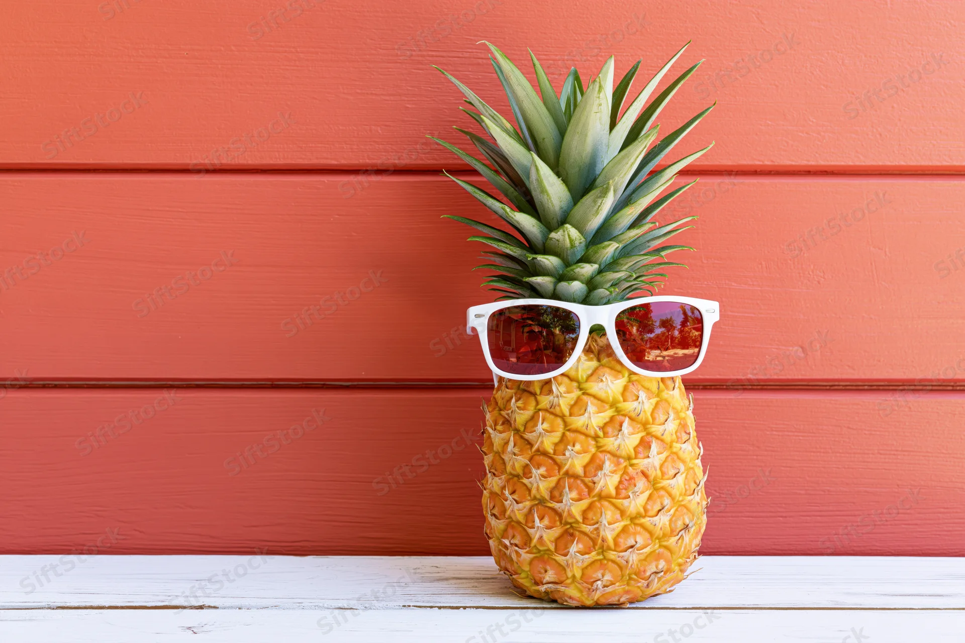Pineapple wearing white-framed sunglasses on a white wooden table against an orange wall