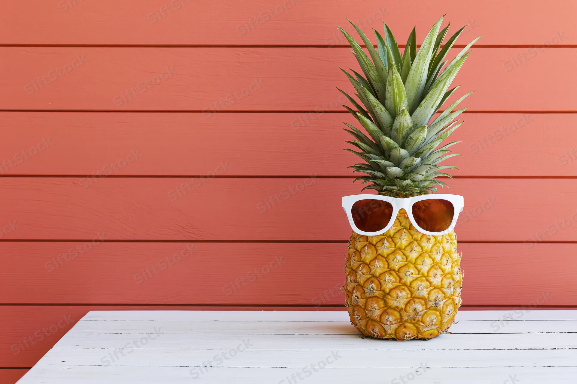 Whole pineapple wearing white-framed sunglasses on a white wooden table against orange wood paneling