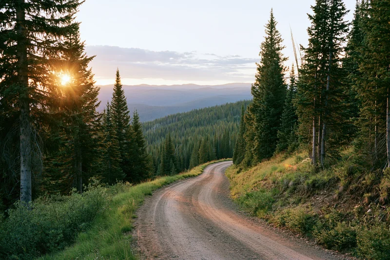Winding dirt road through dense conifer forest at sunset with mountains in the distance