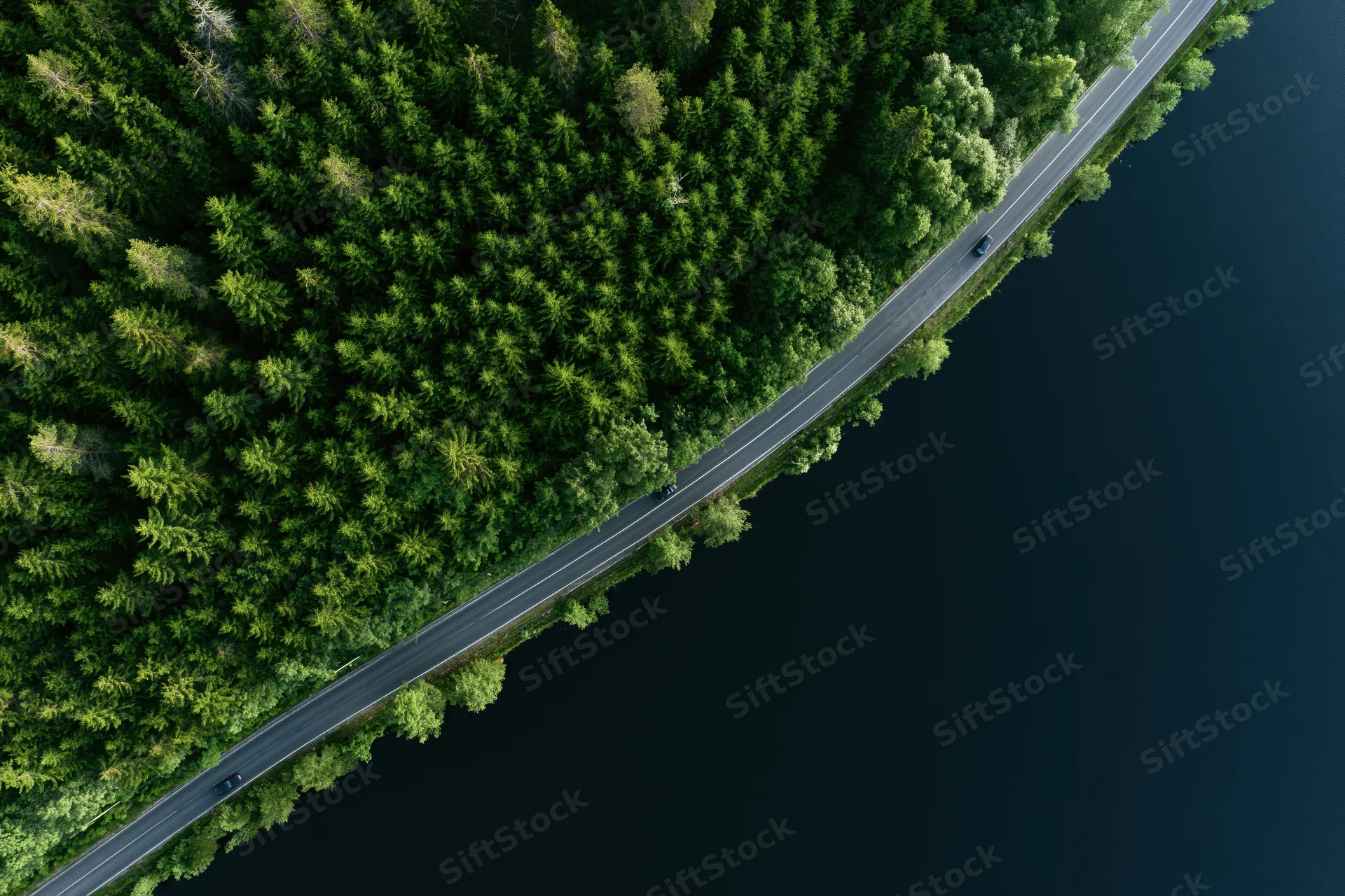 Aerial top-down view of a two-lane road running between a dense green forest and a dark lake with cars driving along it