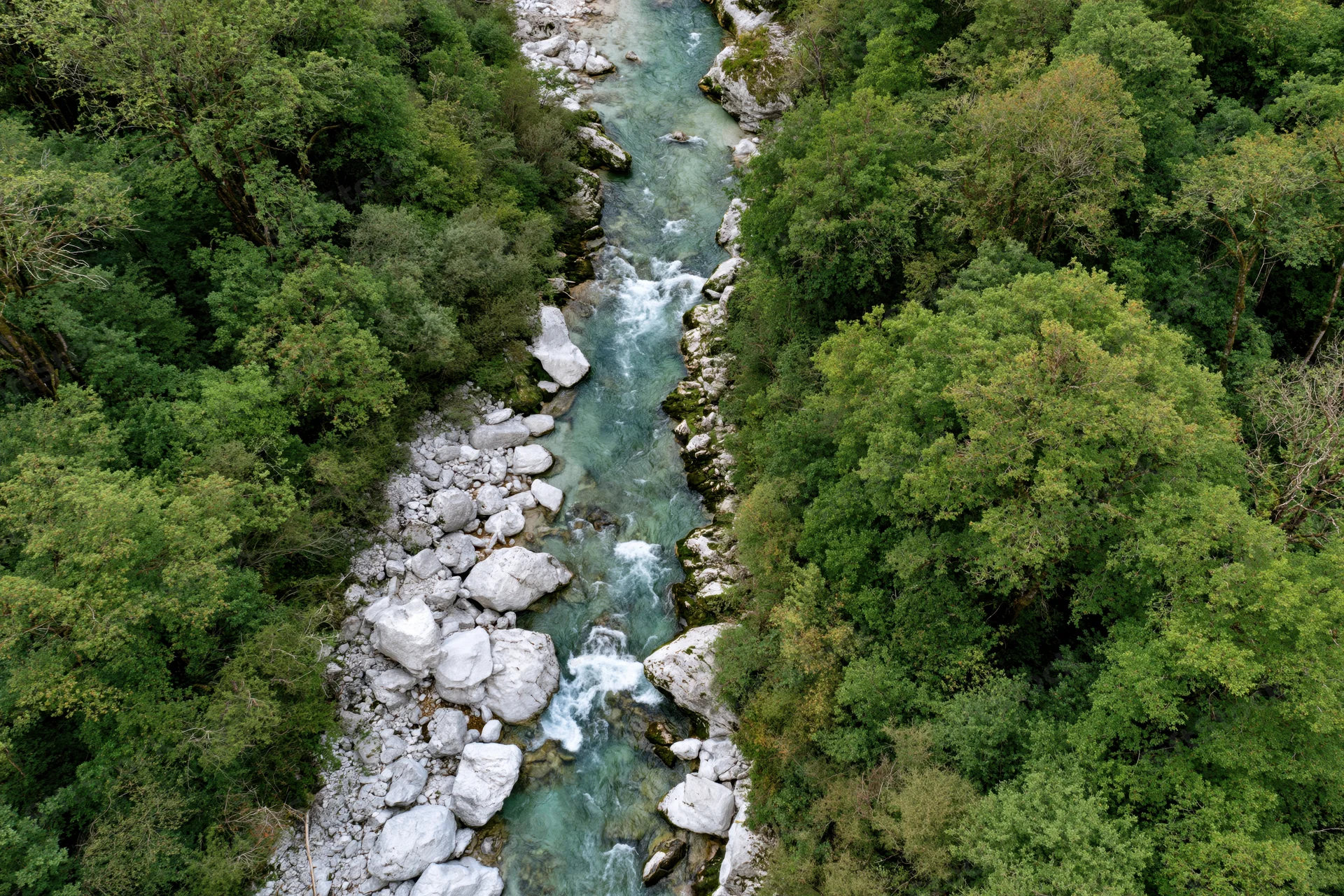 Aerial top-down view of a narrow glacial river flowing through a dense green forest flanked by rocks and boulders